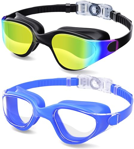 COOLOO Swimming Goggles, 2 Pack Goggles Swimming Adult with Large Gasket High Silicone Nose Bridge Anti-Fog UV Protection Waterproof 180° HD Vision Swim Goggle for Men Women