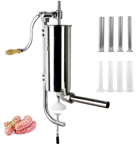 Yqyc Insaccatrice Verticale per Salsicce con 8 Tubi Intercambiabili, Insaccatrice Fatta in Casa in Acciaio Inossidabile da 3 kg con Base a Ventosa e Manovella Manuale, Uso Commerciale e Domestico