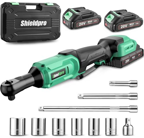 ShieldPro 20V Cordless Ratchet Wrench Set - 3/8 Electric Power Ratchet Kit with 400RPM, LED Work Light, and 2 Batteries, Fast Charger, Sockets, Adapters and Extension Bars (Green)