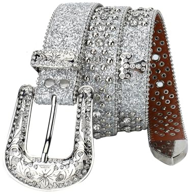 ZNEL Silberner Funkelnder Nietengürtel Strass-Gürtel Unisex, Voll-Diamant Accessoire, Vintage Glitzer-Sequins Jeansgürtel Für Hosen & Kleider(110cm/43, Silver)