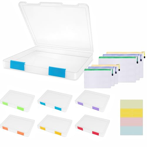Pechor 6 Pcs A4 File Box Clear Plastic File Storage Box Paper Organizer | Board Game Storage Scrapbook File Holder with Buckle, with 6Pcs Plastic Wallets, 16pcs Sticker Labels, Colorful