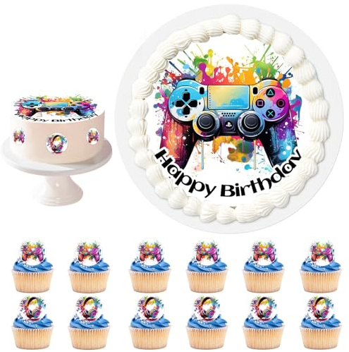 Decoración para Tartas de Cumpleaños,Infantiles en Disco de Oblea de Gamer,con Papel Comestible Motivo Gamer Ø 20CM,12 Cupcake Topper,Disco de Oblea Comestible para Tarta