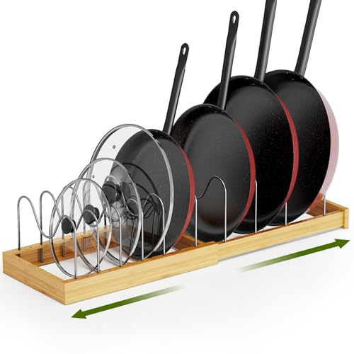 Tomorotec Bamboo Pot Lid Holder with Adjustable Stainless Steel Dividers, Expandable Rack Organizer for Kitchen Drawers, Cabinets, Countertops, Space-Saving Storage for Lids, Pans, Trays, Cookware