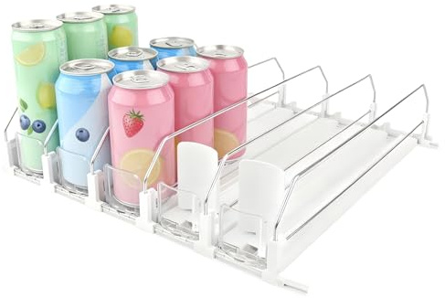 Automatic Can Dispenser,Self-Pushing Fridge Drinks Organizer 5 Rows 31x42cm | Adjustable Width for Storage and Organization Holds up to 25 Cans (White, 5 Row)