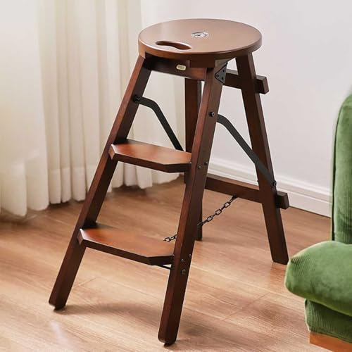 Drsyffsup Scaletta pieghevole in legno a 3 gradini, sgabello da bar in legno 2 in 1, scaffale portaoggetti per fiori per cucina e armadio, scalette portatili antiscivolo(Round)