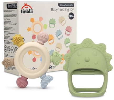 TINBLII Baby Teething Toys 2 Pack, Dinosaur Mitten Teether and Ring Sun Teether with 6 Chewing Points, Silicone Chew Toys for Infants 0-6 6-12 Months, BPA Free Soothing Gum Relief Set (Green)