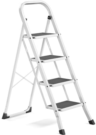 SONGMICS Marchepied 4 Marches Pliable, Escabeau, Verrou de Sécurité, Facile à Ranger, Charge 150 kg, Blanc GSL004WZ01
