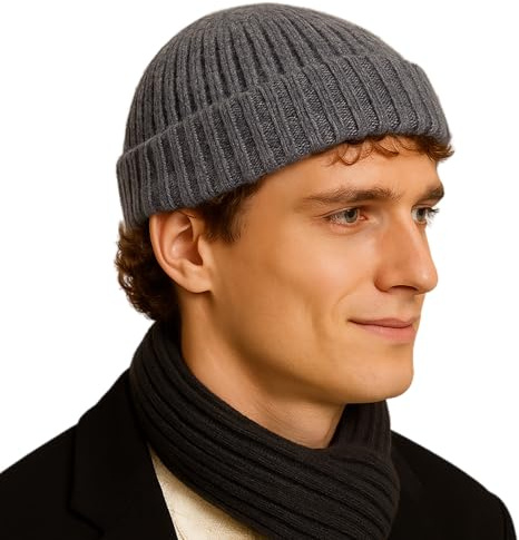 Comhats Fischer Mütze Herren Wollmütze Kurz Docker Haube Trawler Fisherman Beanie Hat Damen Merino Wolle Strick Winter Cap Großer Kopf Ski XL/XLL Hellgrau