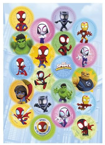 dekora Lot de 20 mini décorations de gâteau, diamètre : 3,4 cm, en papier comestible, sous licence officielle Marvel, pour cupcakes, biscuits et gâteaux, sans sucre, végétaliens et sans gluten