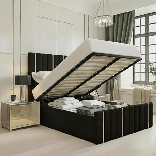King Size Upholstered Sleigh Bed Frame Ottoman Storage Black Plush Velvet Vertical Line 48 Inch Headboard and Footboard