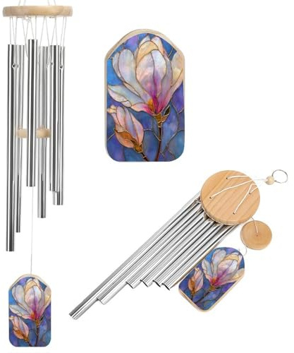Buntglas-Magnolien-Windspiel, Pastellfarben, Gedenkspiel, tiefer Ton, Windspiel mit 6 Aluminiumrohren, für den Außenbereich, Hinterhof, Garten, Dekoration