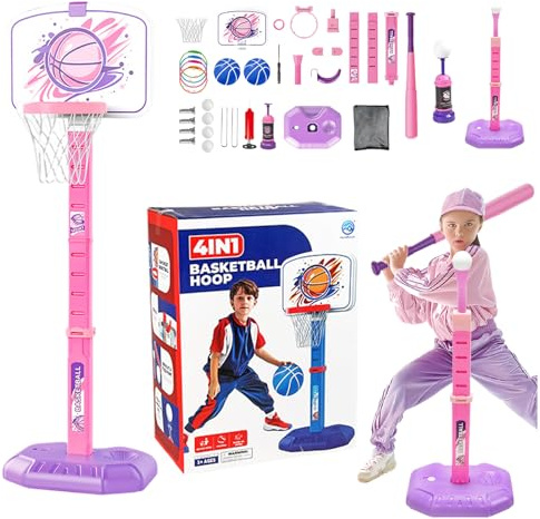 Set de aro de Baloncesto, aro de Baloncesto para niños pequeños - 4 en 1 para niños de béisbol de béisbol Altura Ajustable | Juego de Pelota de Juguetes Deportivos Cubiertos Durante 1-8 años, n
