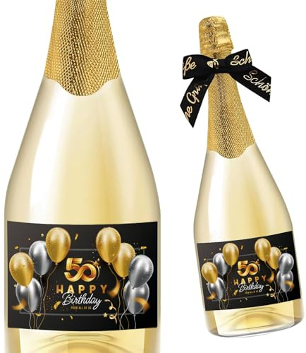 50. Geburtstag Flaschenetikett mit Schleife Schwarzes Silberfarben Gold Lack veredelt 9x12cm Happy Birthday 50 - Geburtstagsdeko Geburtstagsgeschenk Geschenke für Frauen Männer