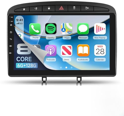 Estéreo Android de 9 Pulgadas para Peugeot 308 408 (2007-2015), 8 núcleos, 6 GB de RAM, 128 GB de Almacenamiento, CarPlay inalámbrico, Android Auto, GPS, WiFi, Bluetooth, FM/RDS, DSP, cámara