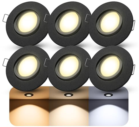 SSC-LUXon ORVIA Einbauspot 6er Set schwarz IP65 GU10 6W 3 Lichtfarben | Sechs Deckenspots IP65 schwarz - 360° schwenkbar, warm / neutral / kalt, dimmbar, für Bad, Dusche & Sauna, inkl. GU10 LED