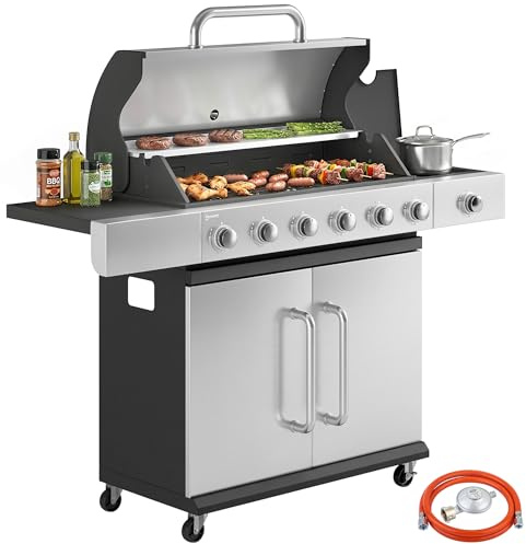 Outsunny Gasgrill 18,6 KW 6+1 Brenner BBQ mit Seitenbrenner Thermometer