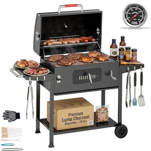 JUMMICO Barbecue Charbon de Bois Portable avec Cheminée - Chauffage Rapide, Planches Latérales Rabattables, Thermomètre - Set Complet pour Famille, Camping, Jardin