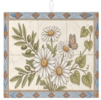 Tapete de secado de platos floral de crisantemo para encimera de cocina, tapete escurridor de platos absorbente verde vintage, almohadilla de secado de microfibra botánica de primavera para protector
