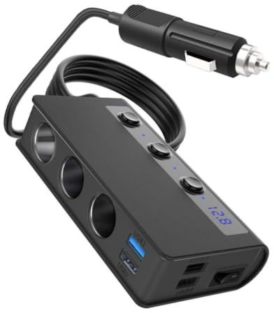 IDEANATEGRATE Adaptador Divisor para Encendedor de Cigarrillos Salida de Corriente Continua, 4 Puertos USB, Pc, 180 W Máx., Negro, Interruptor Independiente y Chip Inteligente para Coche