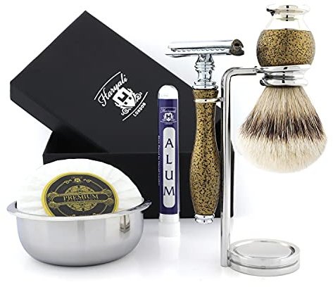 Gold Antique 6-teiliges Rasierset für Herren mit doppeltem Rasierhobel, Silberspitze, Dachshaarpinsel, Dual-Ständer für Rasierer & Pinsel, Schüssel, Seife & Alaun-Stick