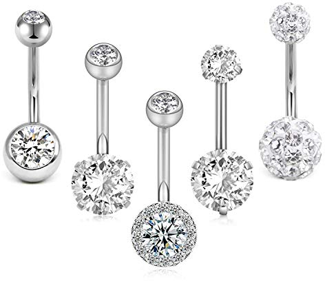 Crdifu Bauchnabelpiercing Edelstahl, 14 Gauge Piercing Bauchnabel, 10mm Stab Bauchnabelpiercing Silber, Bauchnabelpiercing Set 14G, 5 Stk Bauchpiercing Stecker Kristall Glitzer Stein Bananabells Damen