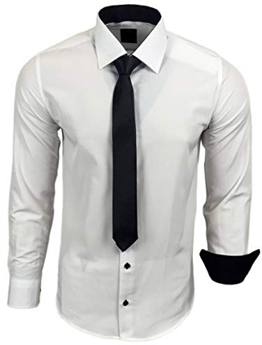 Baxboy 444-BK Herren Kontrast Hemd Business Hemden mit Krawatte Hochzeit Freizeit Fit