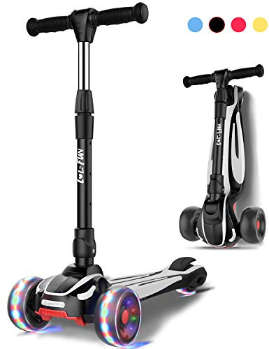 LOL-FUN 3 Wheel Toddler Scooter for Kids Ages 3-5 Years Old Boy Girl, Foldable Kids Scooter with 4 Adjustable Height, Extra-Wide Childrens Kick Scooter with Lean-to-Steer and LED Flashing Wheels