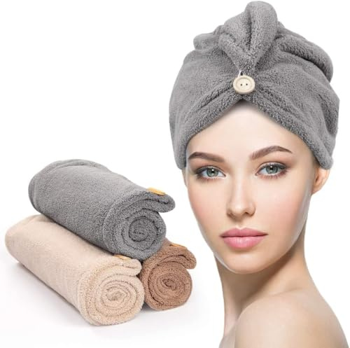 YFONG Mikrofiber hårhandduk 3-pack, hårhandduk med knapp, superabsorberande hårhandduk för lockigt hår, snabbtorkande håromslag för kvinnor, anti-frissigt mikrofiberhandduk, grå och kamel & brun