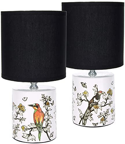 BRUBAKER 2er Set Tisch- oder Nachttischlampen Asiatisches Vogel Design - Lampen mit Keramikfuß - 29,5 cm Höhe, Weiß Schwarz