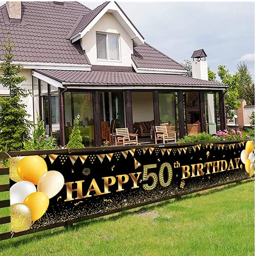 POPOYU 50 Geburtstag Banner,50 Geburtstag Mann Deko,Banner 50.Geburtstags Frau Schwarz Gold,BannerCheer to 50Jahre,Hintergrund Banner.für 50.Geburtstags Party Dekorationen und Zubehör