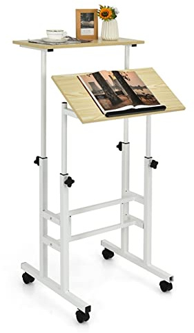 GIANTEX Sitz-Steh Schreibtisch höhenverstellbar, Computertisch Zeichentisch mit Rollen, Mobiler Stehschreibtisch mit 2 separaten Workstation, PC Tisch Arbeitstisch (beige)