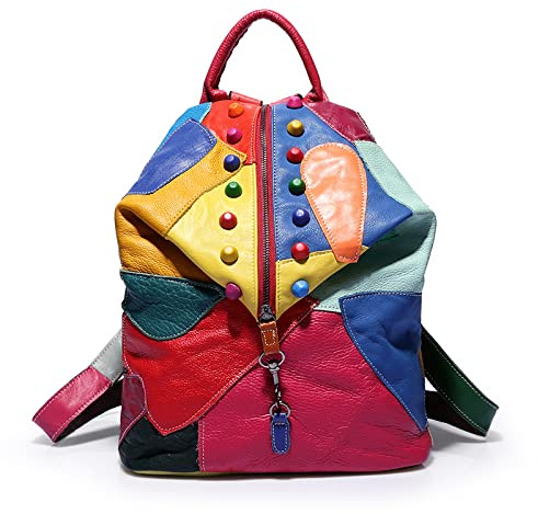 Vintage Leder Rucksack Rindsleder Damen Rucksack Reisen bunte Patchwork Einkaufstasche