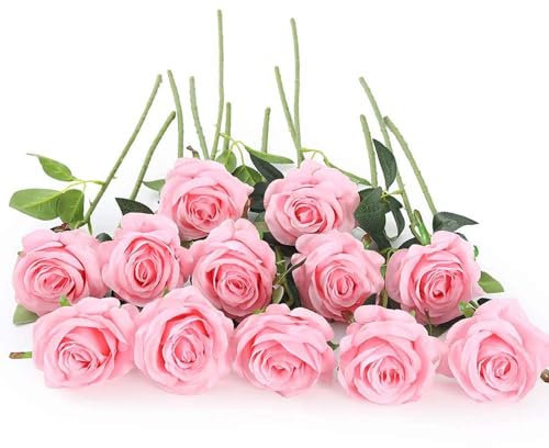 Laelfe 12 Pcs Large Pink Roses Artificial Flowers, 53 cm Single Long Stem Faux Silk Pink Flowers Fake Roses for Wedding Bridal Bouquet Home Party Arrangment Hotel Decorations