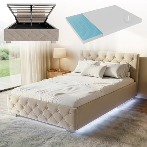 Juskys Polsterbett Nizza 120x200 cm mit Matratze, Bettgestell mit Lattenrost, Stauraum & LED Beleuchtung, Samtbezug, Chesterfield-Steppung, Beige