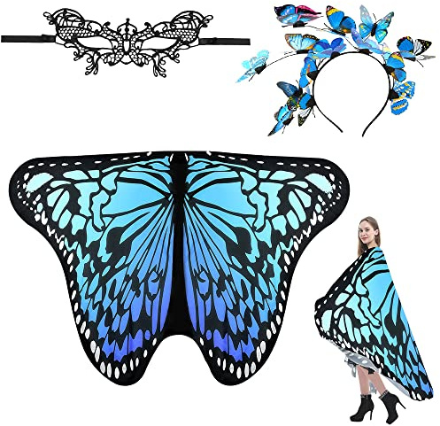 EMAGEREN Damen Schmetterling Kostüm Schmetterlingsflügel Faschingkostüme Schmetterling Kostüm Schal Poncho mit Damen Spitze Maske, Schmetterling Haarreif für Party Weihnachten Kostüm Cosplay