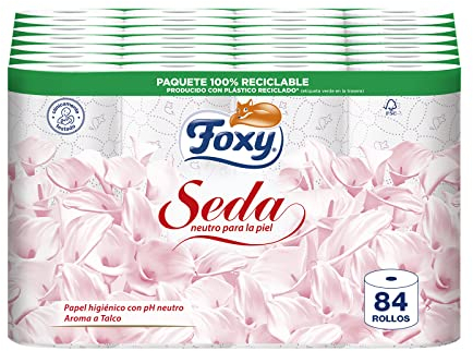Foxy Seda | Papel higiénico 84 rollos | 173 servicios por cada rollo | Neutro para la piel | Certificación FSC | 100% Energía eléctrica renovable | Paquete reciclable producido con plástico reciclado