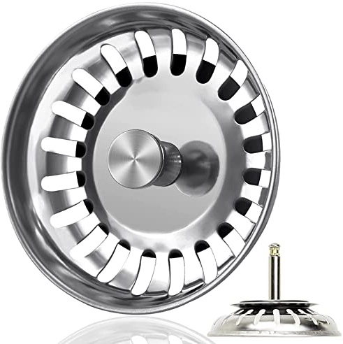 Siebkörbchen Spüle 82mm Spülbecken Siebkörbchen Edelstahl Spülbecken Sieb Spülensieb mit Stöpsel, Korb Zapfen ragt 56-75mm tief in den Abfluss, Sieb für Spülbecken Abflussstopfen für Exzenterbedienung