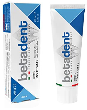Betadent Weiße Zahnpaste, sanft und nicht scheuernd, stellt das natürliche Weiß der Zähne wieder her, frischer Atem, Anti-Plaque-Wirkung, Zahnsteinschutz – Maxi-Format 100 ml