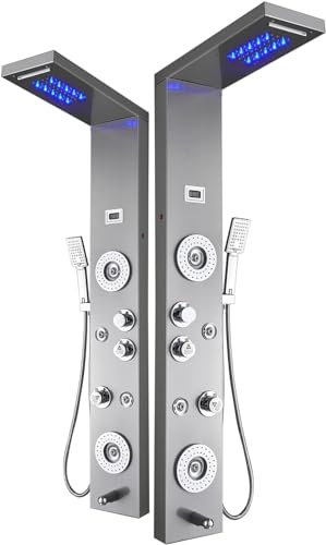 ELLO&ALLO Pannello doccia a torre in acciaio inox, soffione doccia a cascata a LED, 6 funzioni, sistema di massaggio a pioggia con getti corpo, nichel spazzolato
