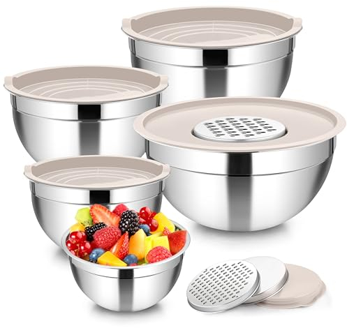 Homikit Rührschüssel 5er Set, Edelstahl Schüssel Salatschüssel Set mit Luftdichtem Deckel & 3 Reibenaufsätzen zum Mischen Verrühren, 4,6L/2,8L/1,6L/1,2L/0,7L, Stapelbar, Spülmaschinenfest, Khaki