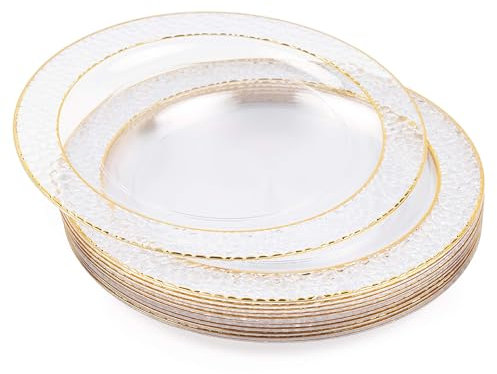 MATANA 40 Premium Clear Hard Plastic Dinner Plates with Hammered Gold Rim, 26cm / 10 Inch - Elegant & Reusable Party Plates for Weddings, Birthdays, Picnic, BBQ, Parties