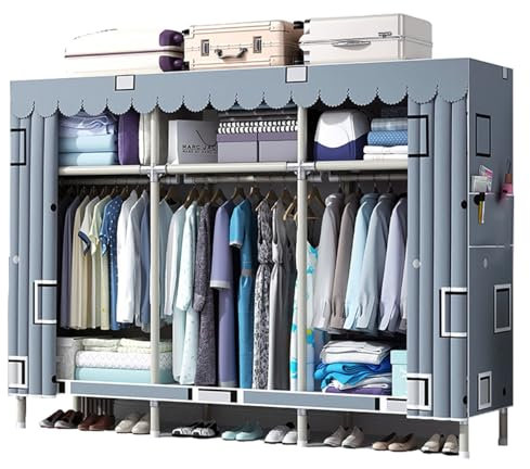 Großer Kleiderschrank zum Aufhängen von Kleidung mit 3 Hängestangen, 3 Ablageflächen und 2 Seitentaschen, Kleiderständer aus Metall für Schlafzimmer, einfach zu montieren (Farbe: Grau -1, Gr