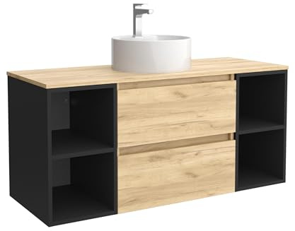Salgar Mueble de Baño Bequia Plus 120 cm 2 cajones Roble y 2 coquetas Laterales 2 Huecos Negro Mate con Lavabo sobre encimera