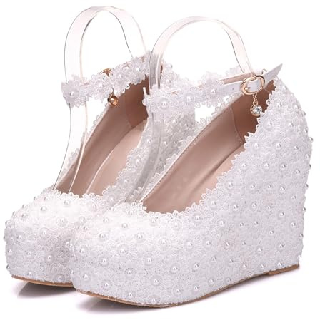 ABJGHYUT Zapatos de Boda de Encaje Blanco Zapatos de tacón de cuña Zapatos de Plataforma Zapatos de cuña de Punta Redonda Zapatos de tacón de cuña Zapatos de Novia,Blanca,35