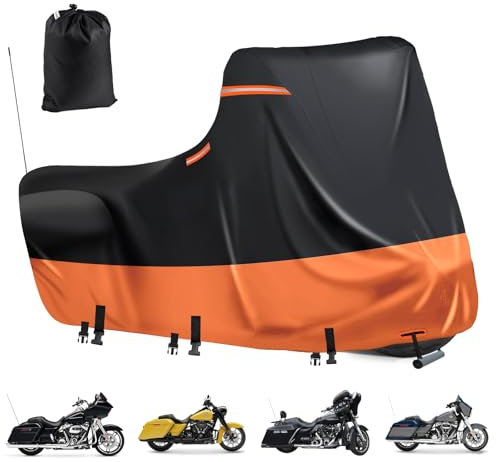 Bâche de moto imperméable 600D,5 bandes réfléchissantes,2 ouvertures d'aération,pour modèles Street Glide, Road Glide, Road King Special,protection UV (boîte latérale, 274 x 111 x 142 cm, Noir-Orange)
