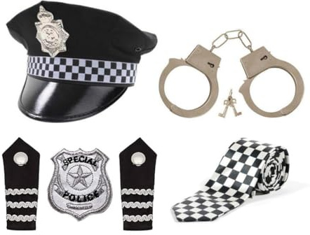 jokeshop Polizei-Set für Erwachsene und Herren, 5-teilig, Mütze, Handschellen, lange Krawatte, Schulterklappen und Abzeichen, Polizisten-Schirmmütze, WPC-Kostüm-Zubehör
