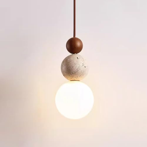 Lampada a sospensione a LED, lampadario, lampada da soffitto a globo, lampada a sospensione in legno, pietra naturale, piccola con sfera in vetro bianco per sala da pranzo, isola d