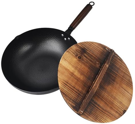UGCER Wok in Acciaio al Carbonio da 12,6 con Coperchio in Legno, Padella per frittura Non Rivestita, Padella Multifunzionale per fornelli a induzione, a Gas ed elettrici