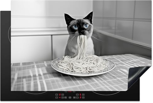 KitchenYeah© Protege Couvre Plaque De Cuisson Décoration Cuisine Tapis | 80x52 cm - Protection Protecteur Induction Chat - Siamois - Noir et Blanc - Mignon - Animaux