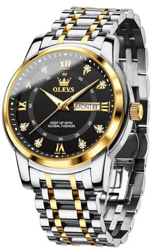 OLEVS Herren Armbanduhr Gold Silber Edelstahl Band Analoger Quarz Herrenuhr Schwarz Großgesicht Luxus Diamanten Wasserdicht Herrenuhr Römische Ziffern Leuchtend Tag Datum Herren Uhren